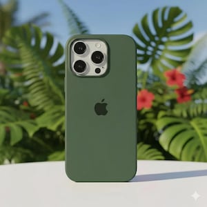Puede incluir: Una funda de teléfono verde con el logotipo de Apple. La funda está sobre una superficie blanca con un fondo de hojas tropicales verdes y flores rojas. La funda tiene un recorte para la cámara.