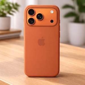 May include: Orange phone case with a camera module featuring three lenses and a flash. The case has the Apple logo on the back. The phone case is sitting on a wooden table.