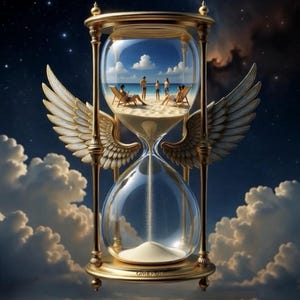 Op de afbeelding: Een gouden zandloper met sierlijke details en engelen vleugels. Het glas bevat een strandscène met mensen. De achtergrond toont een sterrenhemel en donzige wolken. De zandloper symboliseert tijd en vrije tijd.