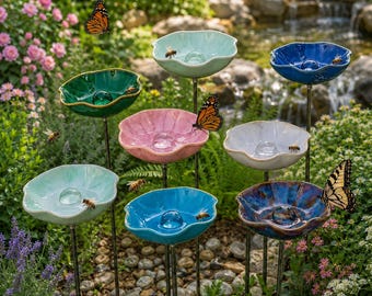 Ceramic Bee Waterer with Stake | Butterfly Feeder Insect Drinking Cup Pollinator Bath Garden Decor
