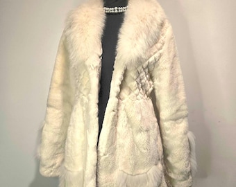 Vintage Cream Rabbit Fur Coat with Long Fur Trim | Ivory Winter Fur Jacket | Textured Rabbit Fur Coat