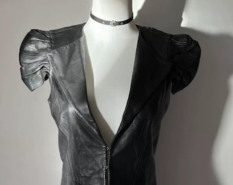 Vintage Elisabetta Franchi Leather Vest | Sculptural Shoulders | Minimalist Dark Feminine Top