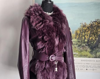 Vintage Petite Plum Leather Fox Fur Jacket – Y2K Glam Belted Coat