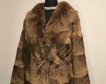 Vintage Rabbit Fur Coat with Fox Collar – Belted Brown Jacket, Soft Luxury Winter Wear