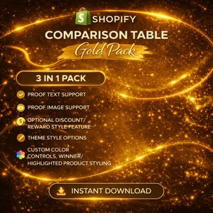 Paquete de tablas comparativas de Shopify, secciones de página de producto y ventana emergente de información