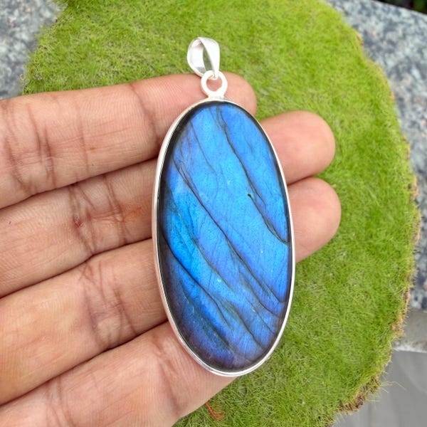 Natural Blue Labradorite Gemstone. Sterling Silver Plated Pendant , Brass Pendant, Brass Jewelry Pendant Gift For Her. Labradorite Necklace.