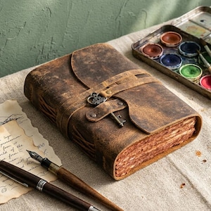 May include: A brown leather journal with a key closure and strap. The journal is open, revealing aged paper pages. A vintage-style key and pen are next to the journal. A watercolor palette and cup are in the background.