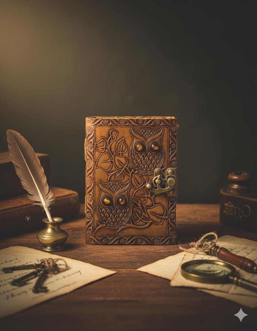 Wisdom Owl Leather Journal | Vintage Embossed Diary with Brass Lock | Travel Writing Notebook