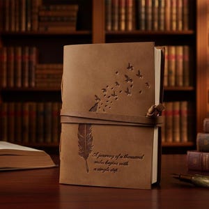 Leather Journal – Feather Birds Embossed Notebook, Vintage Travel Diary (7x5 inches)
