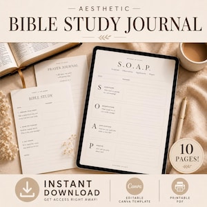 May include: Aesthetic Bible Study Journal with a tablet displaying S.O.A.P. study method, alongside a pen, open book, and coffee cup. The journal includes 10 pages and is available as an instant download.