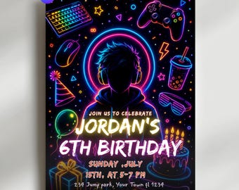 Neon Gaming Birthday Invitation | Editable Canva Template | Boys Party Invite with Gaming, Sports, Pizza & Music Theme