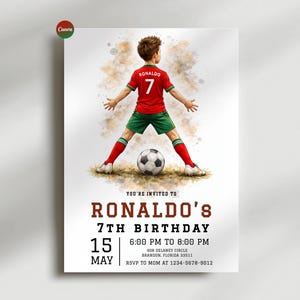 Fußball-Geburtstagseinladung für Jungen, Cristiano dreht 7, Fußball-Geburtstagsfeier einladen, Sportthema-Geburtstagskarte, bearbeitbar druckbar