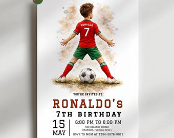 Soccer Birthday Invitation for Boy, Cristiano Is Turning 7, Football Birthday Party Invite, Sports Theme Birthday Card, Editable Printable