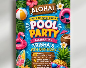 Aloha Pineapple Pool Birthday Invitation | Editable Digital Download | Printable Luau Party Invite | Tropical Summer Theme Card