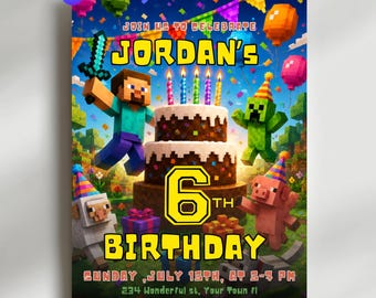 Premium Gaming Boy Birthday Invitation, Pixel block birthday invitation, Mine Invitation, Gamer invitation, Instant Download, Canva Template