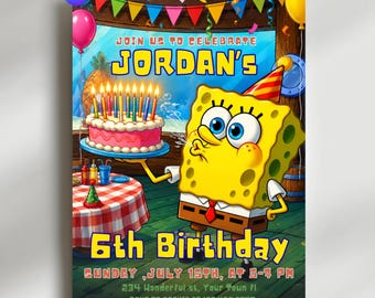 Editable SpongeBob Cake Birthday Invitation Template, Custom Birthday Party Invitation