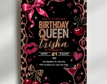 Cheetah Print Birthday Invitation, Black Bow Coquette Party Printable Invite, Editable Canva Design, Instant PDF Download