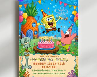 Cartoon Sponge Birthday Invitation, Under the Sea Party (Digital Download)