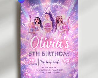 K-pop Demon Hunters Birthday Invitation, Thank you Tag, Ticket Pass - Editable Canva Template - Huntrix Golden - Printable Digital Bundle
