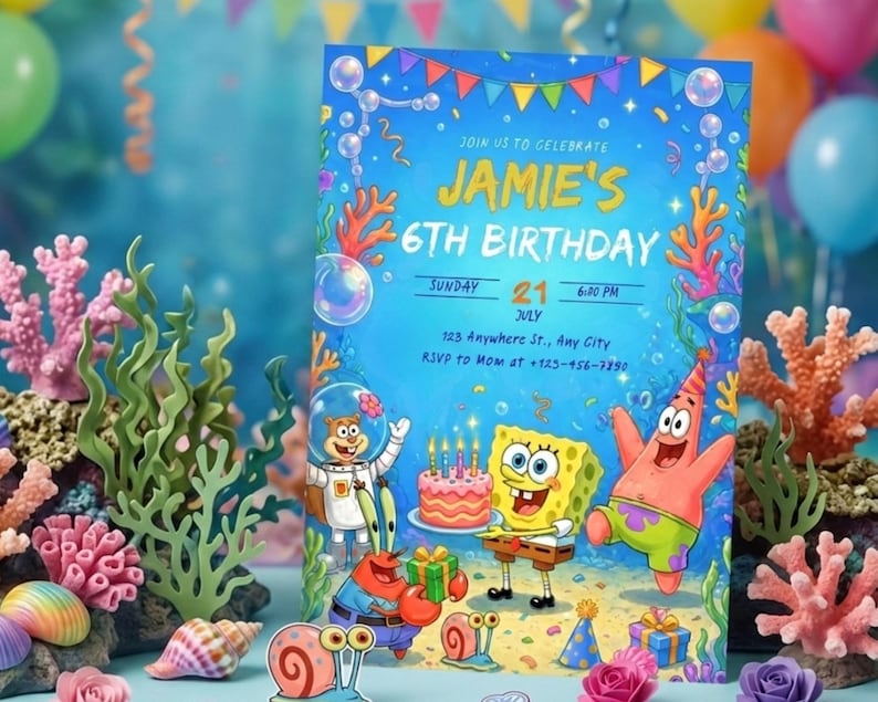 ocean invite, ocean theme, sea creature party, sea theme party, sponge, under the sea, beach birthday, digital invitation, editable invite, instant download, kids ocean invite, ocean birthday, underwater bday