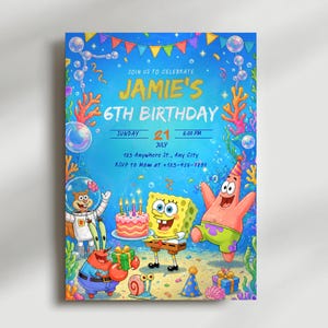 ocean invite, ocean theme, sea creature party, sea theme party, sponge, under the sea, beach birthday, digital invitation, editable invite, instant download, kids ocean invite, ocean birthday, underwater bday