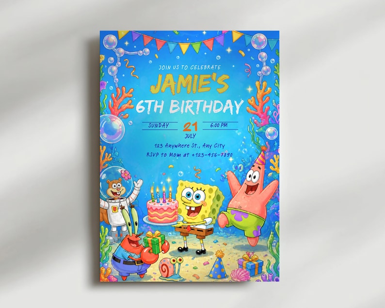 ocean invite, ocean theme, sea creature party, sea theme party, sponge, under the sea, beach birthday, digital invitation, editable invite, instant download, kids ocean invite, ocean birthday, underwater bday