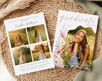 Floral Graduation Announcement Template | Class of 2026 Senior Girl Photo Card | Editable Scalloped Frame Wildflower Grad Invite