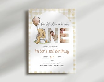 Classic Winnie-the-Pooh Birthday Invitation, Winnie-the-Pooh Birthday Invite, Boho With Photo Pooh 1st Birthday Shower Ideas Gender Neutral