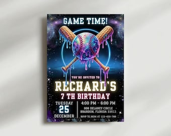 Baseball Ice Cream Drip Birthday Invitation, Baseball Ice Cream Neon Party, Baseball Drip Invite, Ice Cream Drip Invite, Editable Canva