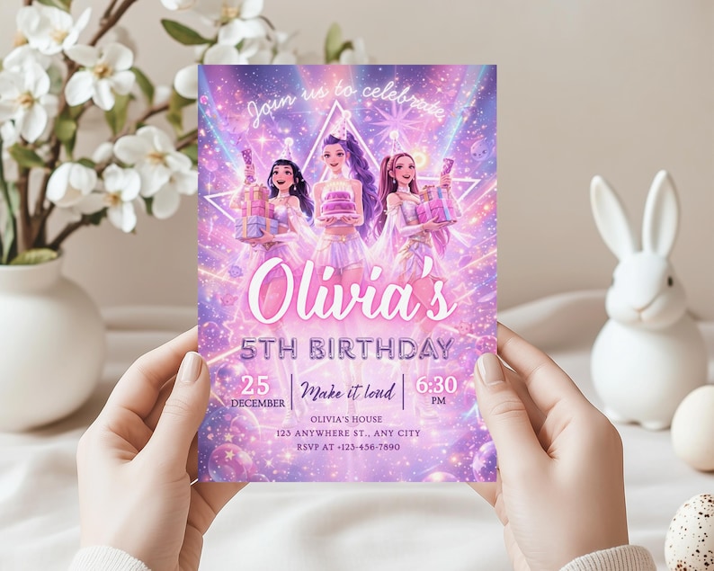 kpop digital invite, demon hunters canva, demon hunters invite, huntrix birthday, huntrix invitation, huntrix invite canva, kpop birthday invite, kpop demon birthday, kpop demon party, kpop hunters invite, kpop invitation, kpop invite canva, kpop template canva
