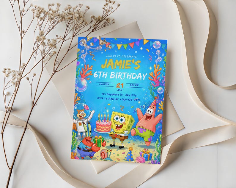 ocean invite, ocean theme, sea creature party, sea theme party, sponge, under the sea, beach birthday, digital invitation, editable invite, instant download, kids ocean invite, ocean birthday, underwater bday