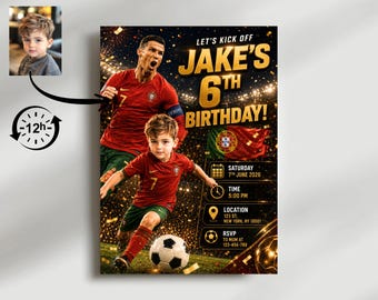 Modèle de photo d'invitation d'anniversaire CR7 personnalisé - Invitation d'anniversaire personnalisée sur le thème de Ronaldo, invitation football pour enfant (Téléchargement numérique)