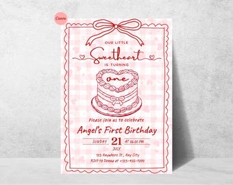 Sweetheart First Birthday Invitation | One Birthday Invite | Valentine Birthday Invitation | Red Heart Cake Invite | Digital Birthday invite