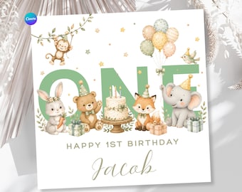 Animal 1st Birthday Card For Boy, Son 1st Birthday Card, Special First Birthday Gift For Grandson, First Birthday Card, Nephew 1st Birthday