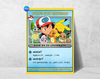 Faire-part d'anniversaire Pokémon | Invitation à une fête Pokémon | Faire-part d'anniversaire Pikachu | Carte d'anniversaire Pokémon pour enfant | Invitation modifiable à thème Pokémon