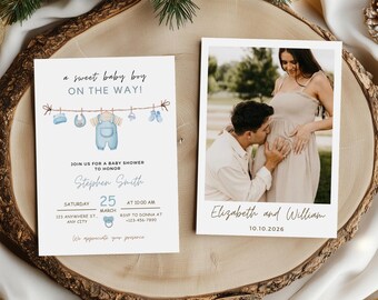 Sweet Baby Boy Shower Invitation Template | Neutral Baby Shower Invite | Editable Baby Shower Invitation | Boho Baby Boy Canva Template