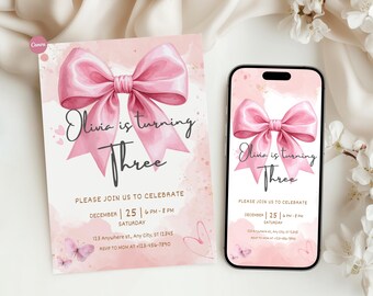 Pink Bow Birthday Invitation, Girl Birthday Invite, Bow Theme Birthday Invitation, Pink Watercolor Bow Party Invite, Editable Invitation