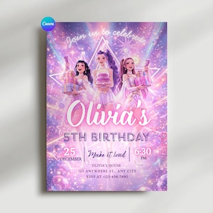May include: A birthday party invitation with a purple and pink theme. The invitation features three cartoon figures holding gifts and a cake. The text reads "Olivia's 5th Birthday" with the date, time, and RSVP information.