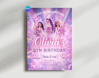 K-Pop Dämonenjäger-Geburtstagseinladung, Danke-Tag, Ticket-Pass - Bearbeitbare Canva-Vorlage - Huntrix Golden - Druckbares digitales Bündel