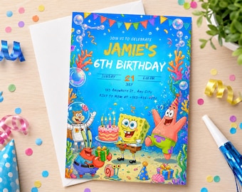Cartoon Sponge Birthday Invitation, Under the Sea Party (Digital Download)