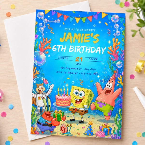 Cartoon Sponge Geburtstagseinladung, Unterwasserparty (Digitaler Download)
