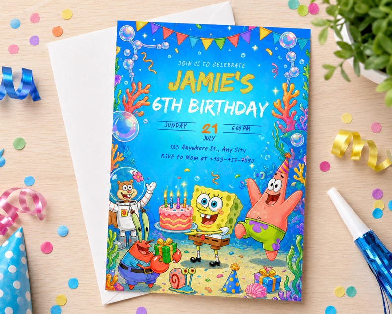 ocean invite, ocean theme, sea creature party, sea theme party, sponge, under the sea, beach birthday, digital invitation, editable invite, instant download, kids ocean invite, ocean birthday, underwater bday