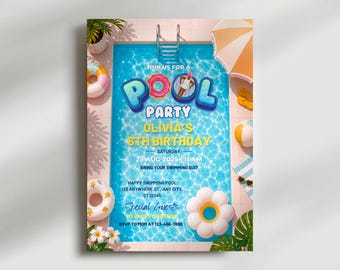 Pool Party Birthday Party Invitation Template, Hand Drawn Whimsical Swim Birthday Invite, Pink Bow Coquette Summer Birthday Pool Celebration