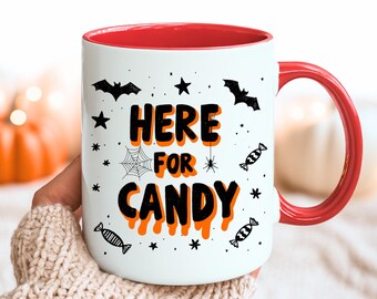 Tazza "Dolcetto o scherzetto?", Tazza di Halloween per bambini, Tazza "Sono qui per le caramelle", Tazza di Halloween, Regalo di Halloween, Pipistrelli di Halloween, caramelle, design spettrale