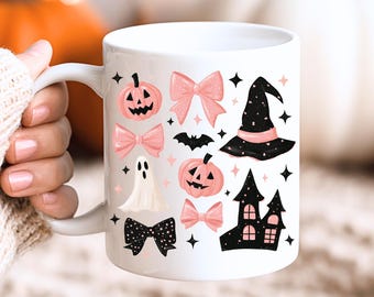 Tazza di Halloween Pink Coquette, Tazza Fantasma con Zucca e Fiocco, Stagione Spettrale, Tazza di Halloween Strega Rosa / Simpatico Cappello da Strega, Tazza con Zucca e Casa Infestata