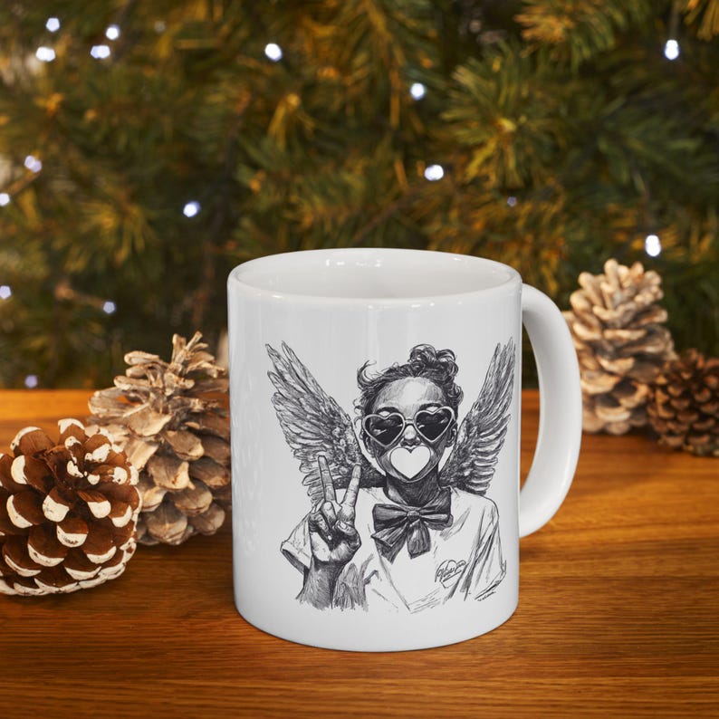 Taza retro de Cupido con diseño de San Valentín, taza de café o té con ilustración de ángel dibujada a mano, taza de cerámica. imagen 14