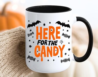 Tazza "Dolcetto o scherzetto?", Tazza di Halloween per bambini, Tazza "Sono qui per le caramelle", Tazza di Halloween, Regalo di Halloween, Pipistrelli di Halloween, caramelle, design spettrale