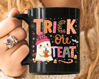 Tazza Dolcetto o scherzetto, Tazza Buon Halloween, Tazza di Halloween, Tazza con vibrazioni spettrali, Tazza fantasma, Disegni di tendenza per sublimazione Tazza di Halloween Dolcetto o scherzetto