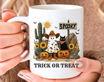 Tazza "Dolcetto o scherzetto", Fantasmi cowboy per bambini, Tazza di Halloween, Tazza per caramelle, Tazza per dolcetti western stampabile a sublimazione, Tazza spettrale con fantasmi del deserto