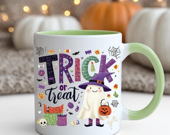 Taza de truco o trato, taza de feliz Halloween, taza de Halloween, taza con ambiente espeluznante, taza de fantasma, diseños sublimados de moda Taza de truco o trato de Halloween
